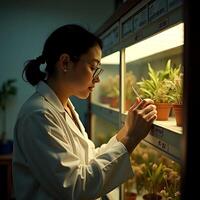Scientist Examining Plant Growth in Controlled Environment photo