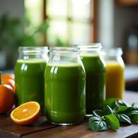 Fresh Green Juice Bottles with Orange and Leafy Greens photo