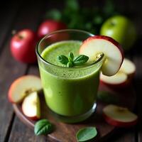 Green Smoothie with Apples and Basil in Glass on Wood photo
