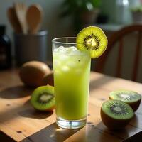Making Fresh Kiwi Juice with Ice Cubes on Wood Table photo