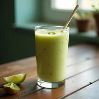 Preparing Fresh Kiwi Smoothie with Lime on Wooden Table photo