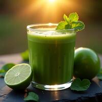 Drinking Green Smoothie with Lime and Mint in the Sunlight photo