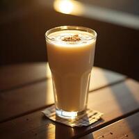 Refreshing Smoothie in Glass with Topping on Wooden Table in Sunlight photo