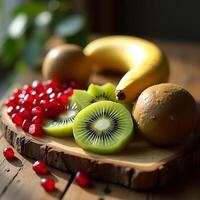 Fresh Fruits Displayed on Wooden Board Still Life photo