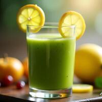 Drinking Green Smoothie with Lemon Slices in Glass photo