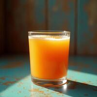 Pouring Glass with Refreshing Orange Liquid on Rustic Table photo
