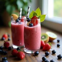 Preparing Refreshing Fruit Smoothies with Strawberry and Blueberry photo