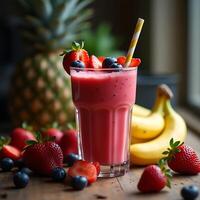 Serving of Berry Smoothie with Tropical Fruits on Wooden Table photo