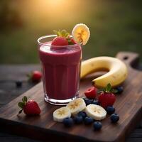 Berry Smoothie on Wooden Board with Banana and Berries photo