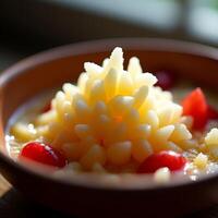 Pear Dessert in Bowl with Red Berries Close Up photo