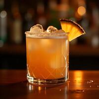 Refreshing Cocktail with Fruit Slice and Ice on a Wooden Surface photo