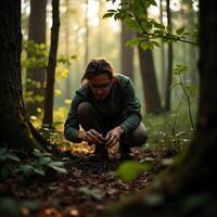 Man Examining Plant Seedling While Squatting in Forest Sunlight photo