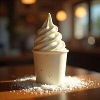 Serving Soft Serve Ice Cream in a Cup with Topping photo