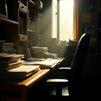 Studying at Desk with Books and Natural Light Coming Through Window photo