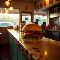 Double Cheeseburger on Counter in Diner Ready to Eat photo