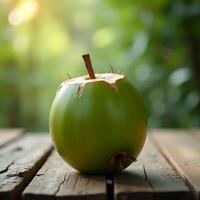 Fresh Green Coconut on Wooden Table in Natural Setting photo