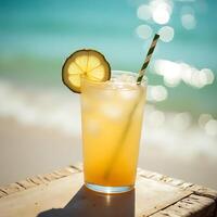 Refreshing Drink with Lemon Slice on Beach photo