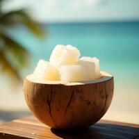 Enjoying Fresh Coconut Cubes on Beach with Turquoise Ocean photo