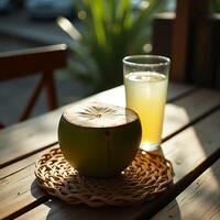 Refreshing Coconut and Drink on Wooden Table in Sunlight photo