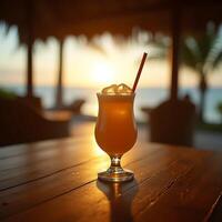 Refreshing Orange Drink with Ice at Sunset on Wooden Table photo