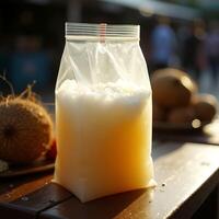 Drink in a Bag with Coconut on Wooden Table photo