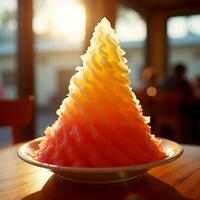Close-up of Shaved Ice Dessert with Sunset Light photo