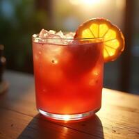 Refreshing Red Drink with Ice and Orange Slice on Wooden Table photo