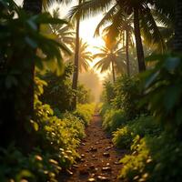 Walking on Path Through Palm Trees at Sunrise photo