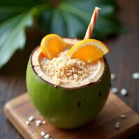 Coconut Drink with Orange and Grains Refreshment on Wood Board photo