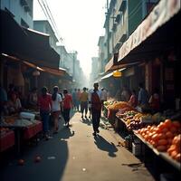 Walking through a Crowded Street Market with Fruit and Vegetables photo