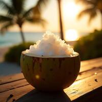 Refreshing Coconut Treat with Shaved Ice at Sunset by the Beach photo