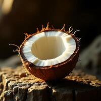 Coconut Halved Displayed on a Stone Surface in Warm Light photo