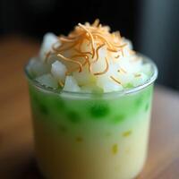 Refreshing Dessert Drink with Fruit and Toppings Close Up photo