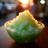 Shaved Ice Dessert in Bowl with Sweet Syrup at Night photo