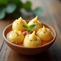 Dumplings in Broth with Sauce and Garnish Close Up View photo