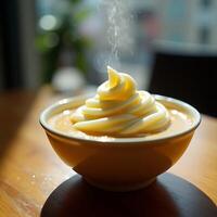 Dessert in Bowl with Sprinkling of Powdered Sugar on Table photo