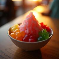 Eating Colorful Shaved Ice Dessert with Various Toppings photo