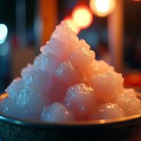 Close-up of Shaved Ice Dessert with Soft Light on Blurred Background photo