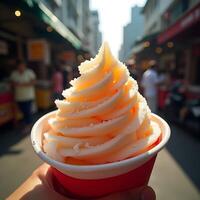 Holding a Swirl of Soft Serve Ice Cream in Sunny City Street photo