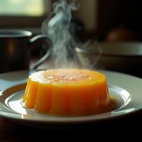 Enjoying Sweet Steaming Pudding on Plate Indoors photo