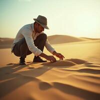 Man Touching Sand Dune in Desert Exploration at Sunset photo