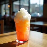 Refreshing Frozen Drink with Orange and White Layers on a Wooden Table photo