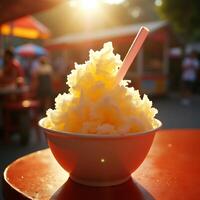 Serving of Shaved Ice Dessert with Straw on a Table photo