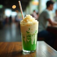 Refreshing Mixed Drink with Ice and Straw on Wooden Table photo