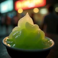 Serving of Green Frozen Dessert at Night, Close Up photo