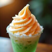 Refreshing Swirled Dessert Drink with Sweet Topping and Green Base photo
