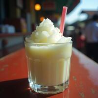 Refreshing Frozen Drink with Straw on Table photo