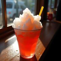 Enjoying Refreshing Shaved Ice with Straw on Wooden Table photo