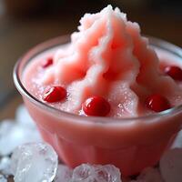 Pink Frozen Drink with Red Candies Served Over Ice photo