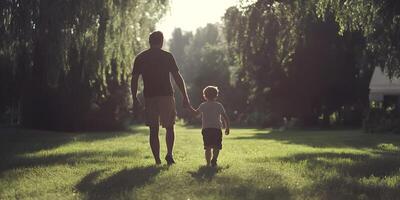 Father and Son Walking in Park at Sunset photo